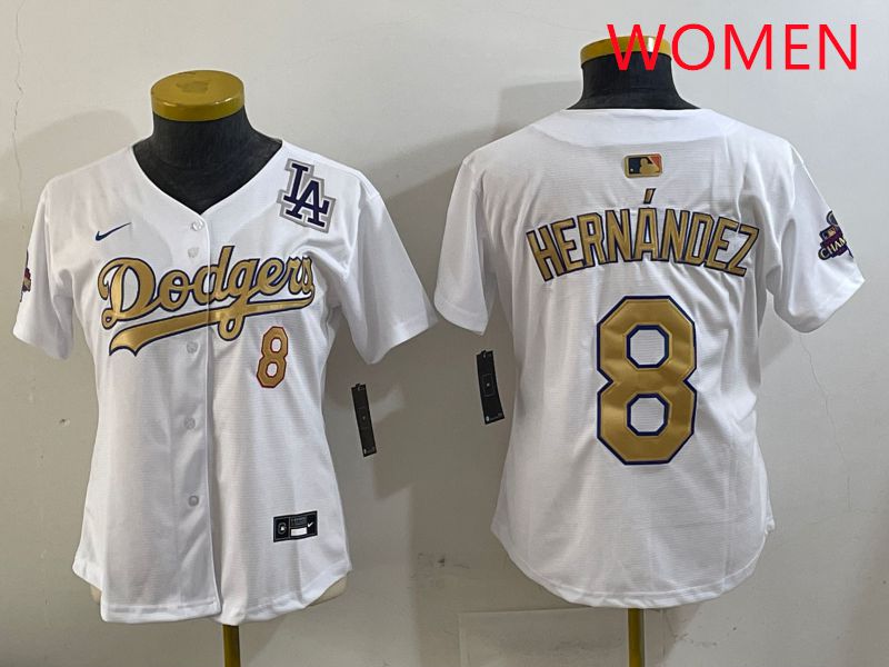 Women Los Angeles Dodgers #8 Hernandez White Gold Game Nike 2025 MLB Jersey style 4294->women mlb jersey->Women Jersey